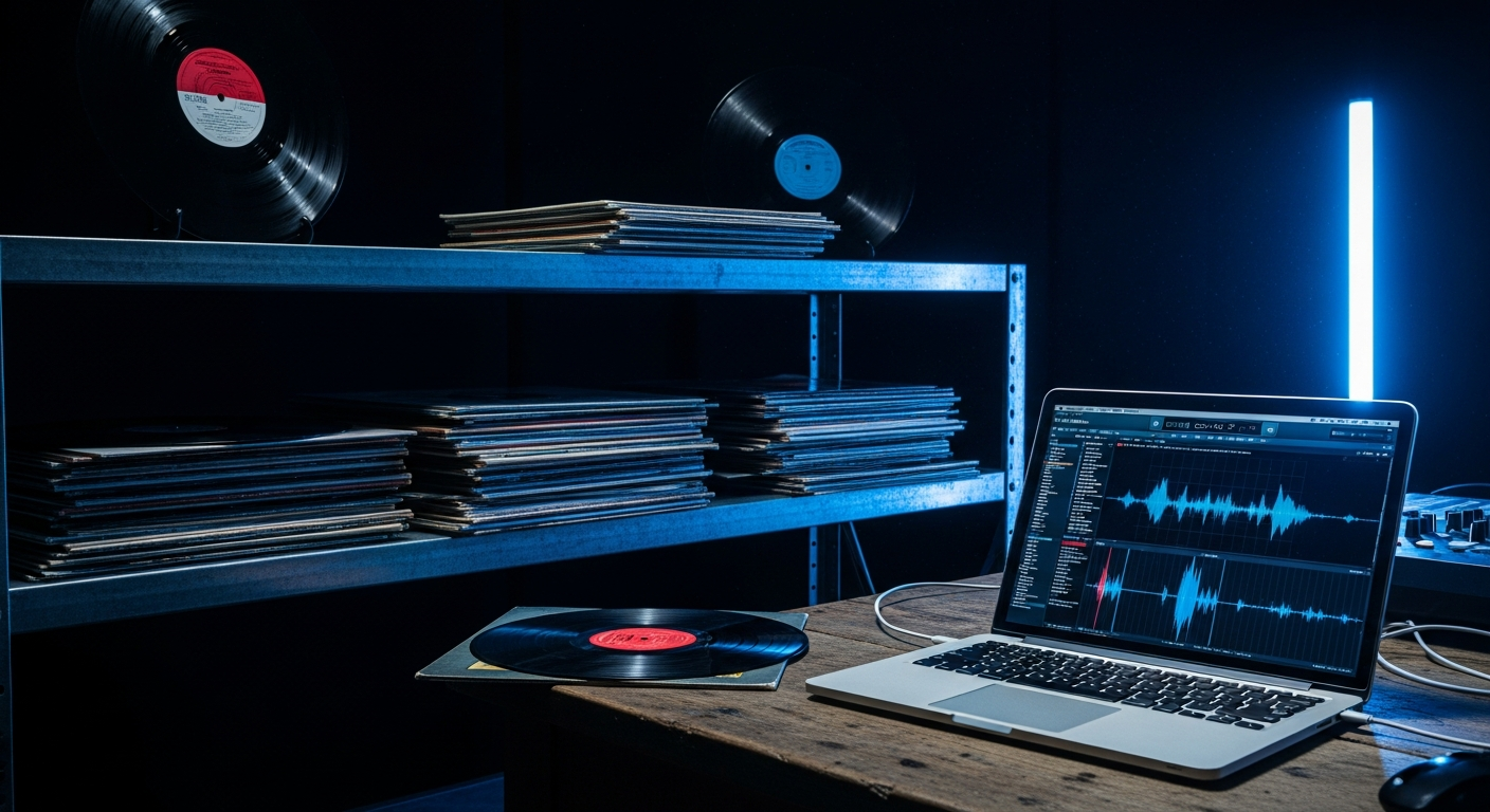 Indie record label studio with vinyl records and digital waveforms