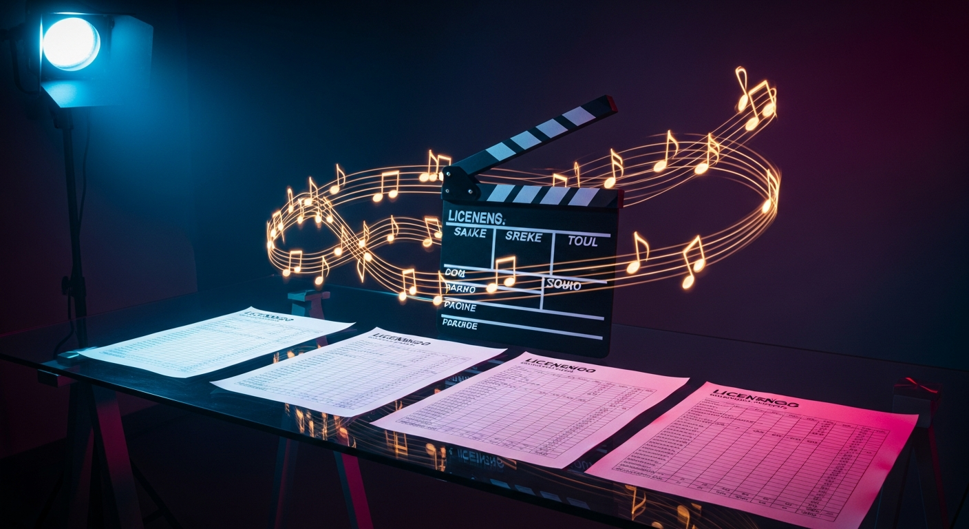 Sync licensing — film clapperboard and music metadata environment